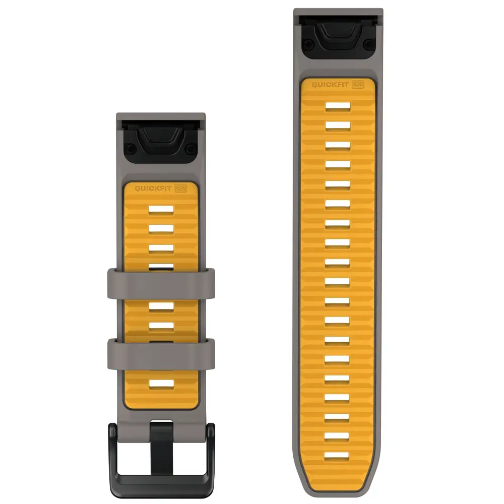 Garmin QuickFit Silikonarmband 22 mm Silbergrau/Dakota Yellow für fenix 9 47 mm – Rückseite mit Schließe und Lochband