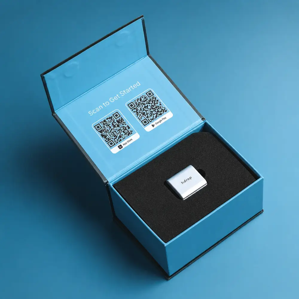 hDrop Gen 2 Tragbarer Hydration-Sensor mit Verpackung und Zubehör