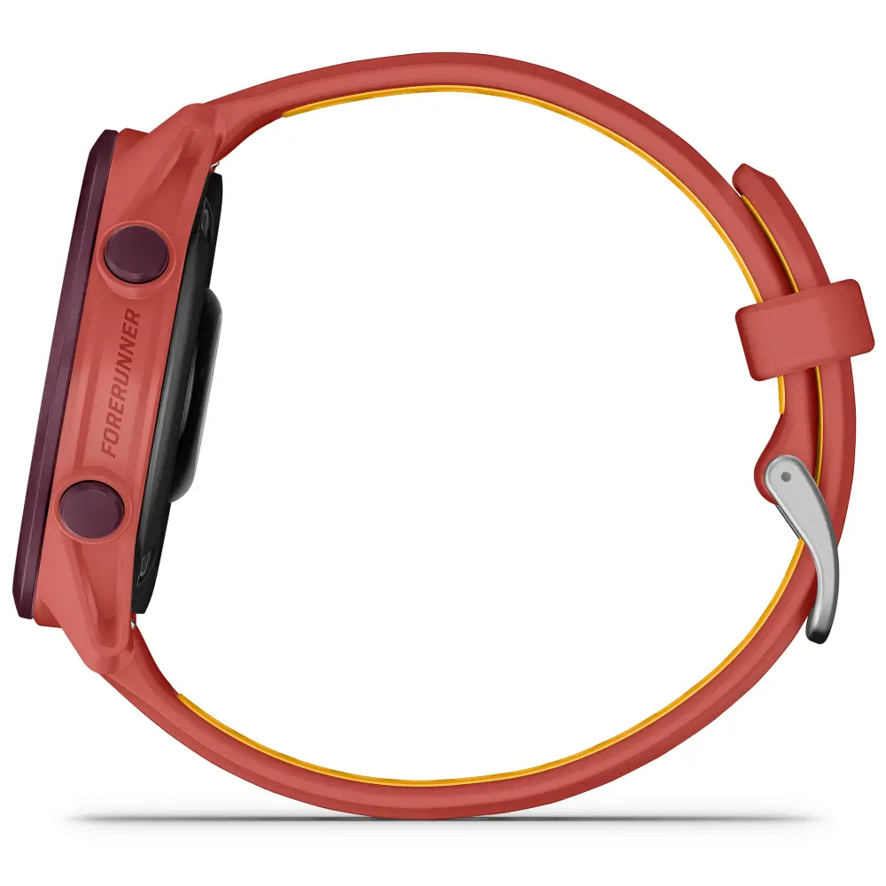 Seitenansicht der Garmin Forerunner 170 Music GPS-Laufuhr in Beerenrosa mit flachem AMOLED-Display und Tastenbeschriftung auf weißem Hintergrund