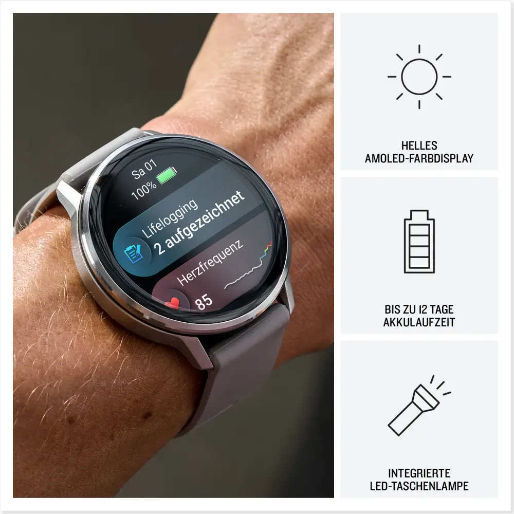 Garmin Venu 4 - 45mm Schwarz-Silber Schnellwechsel-Silikonarmband 22mm Grau