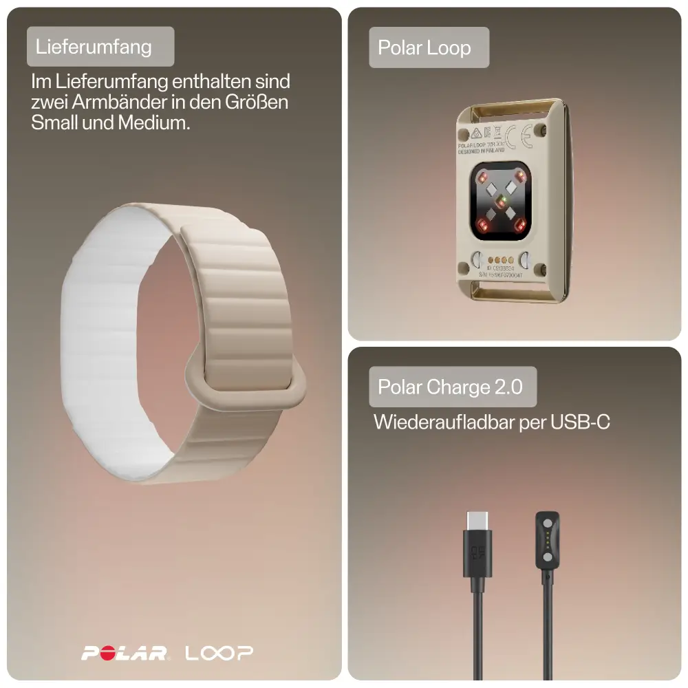Darstellung des Lieferumfangs des POLAR Loop. Enthalten sind zwei wendbare Silikonarmbänder in den Größen Small und Medium, das POLAR Loop Sensorgehäuse mit optischer Pulsmessung auf der Rückseite sowie das Polar Charge 2.0 Ladekabel mit USB-C-Anschluss.