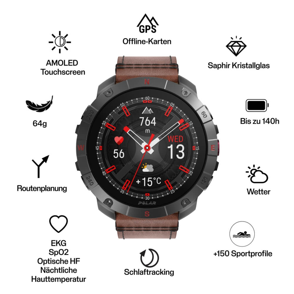 POLAR Grit X2 Pro Outdoor Multisportuhr Titan Leder M-L bei CardioZone günstig online kaufen