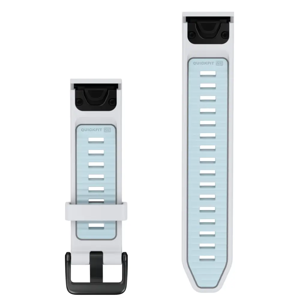 Garmin QuickFit Silikonarmband 20 mm Steinweiss/Ice Blue für fenix 9 43 mm – Rückseite mit Schließe und Lochband