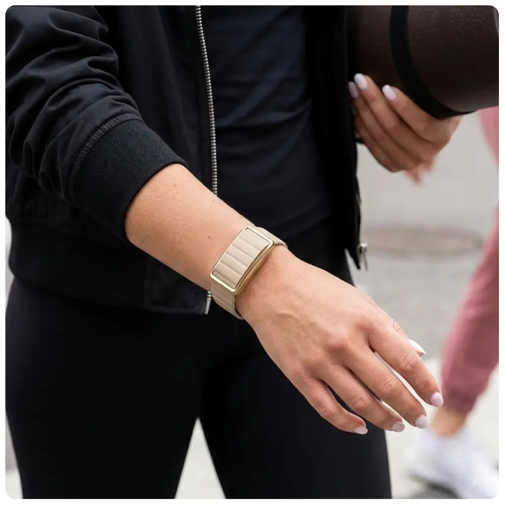 Nahaufnahme des Handgelenks einer Frau in schwarzer Sportjacke, die eine Yogamatte hält. Sie trägt das minimalistische POLAR Loop Fitnessarmband, dessen beigefarbenes Magnetband harmonisch zum sportlichen Alltags-Look passt.