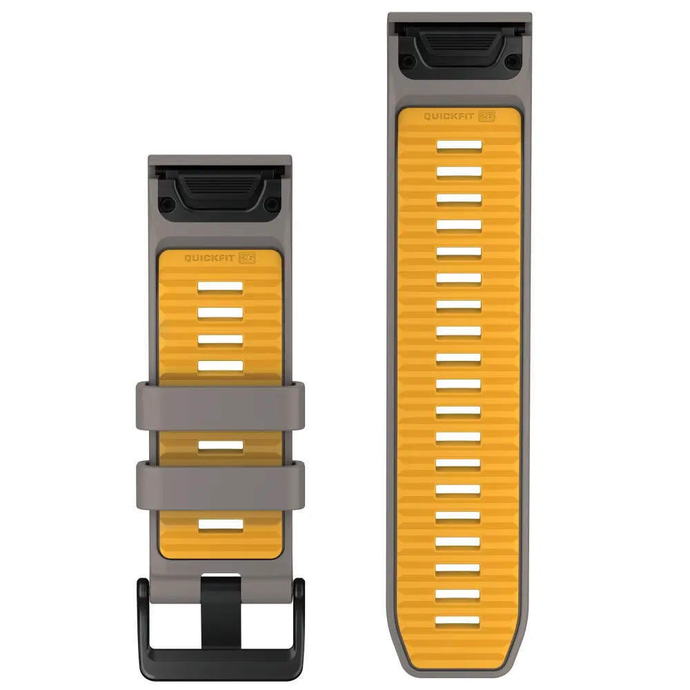 Garmin QuickFit Silikonarmband 26 mm Silbergrau/Dakota Yellow für fenix 9 51 mm – Rückseite mit Schließe und Lochband
