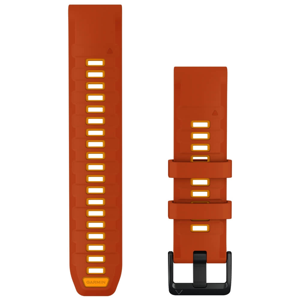 Garmin QuickFit Silikonarmband 22 mm Autumn Orange/Spark Orange für fenix 9 47 mm – Vorderseite mit Schließe und Lochband