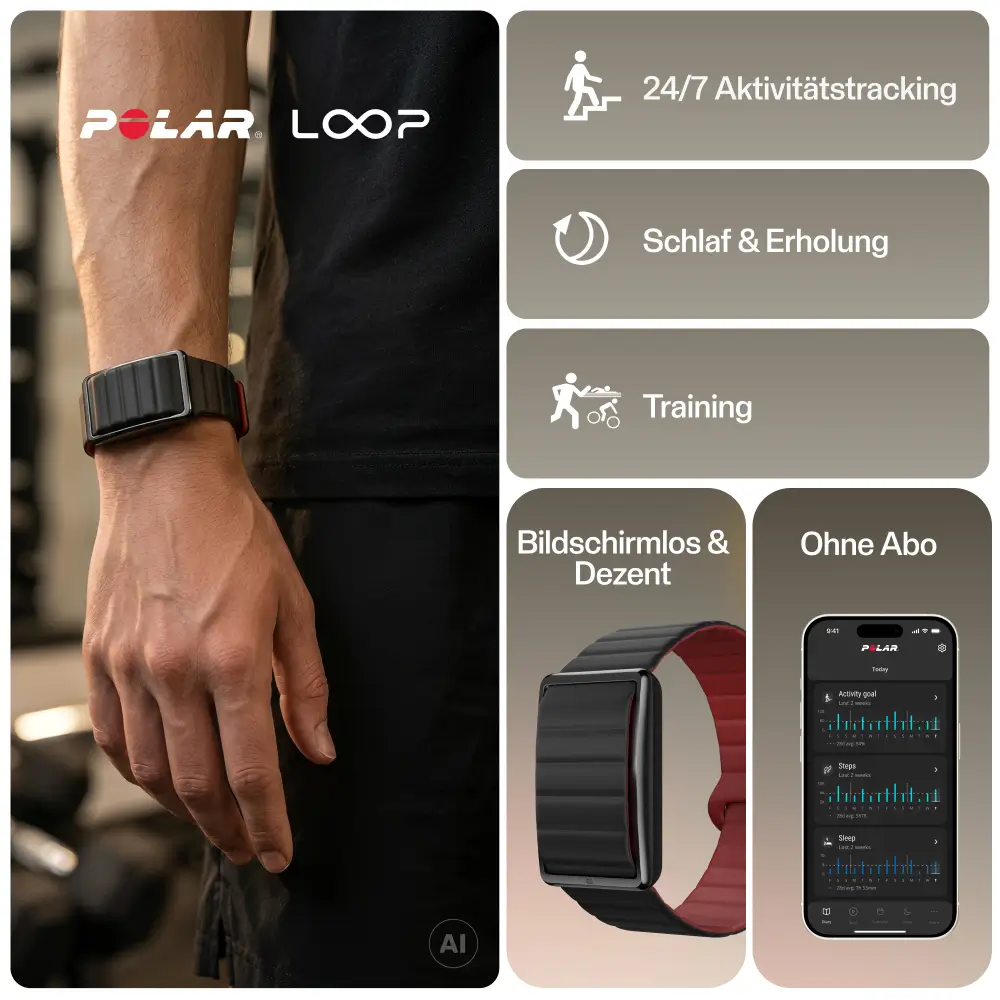 Übersichtsseite zum POLAR Loop Fitness Tracker. Zu sehen ist ein Mann beim Training mit dem Tracker am Handgelenk sowie Detailaufnahmen des bildschirmlosen, dezenten Gehäuses mit rot-schwarzem Band und die kostenlose Polar Flow App ohne Abonnement-Zwang.