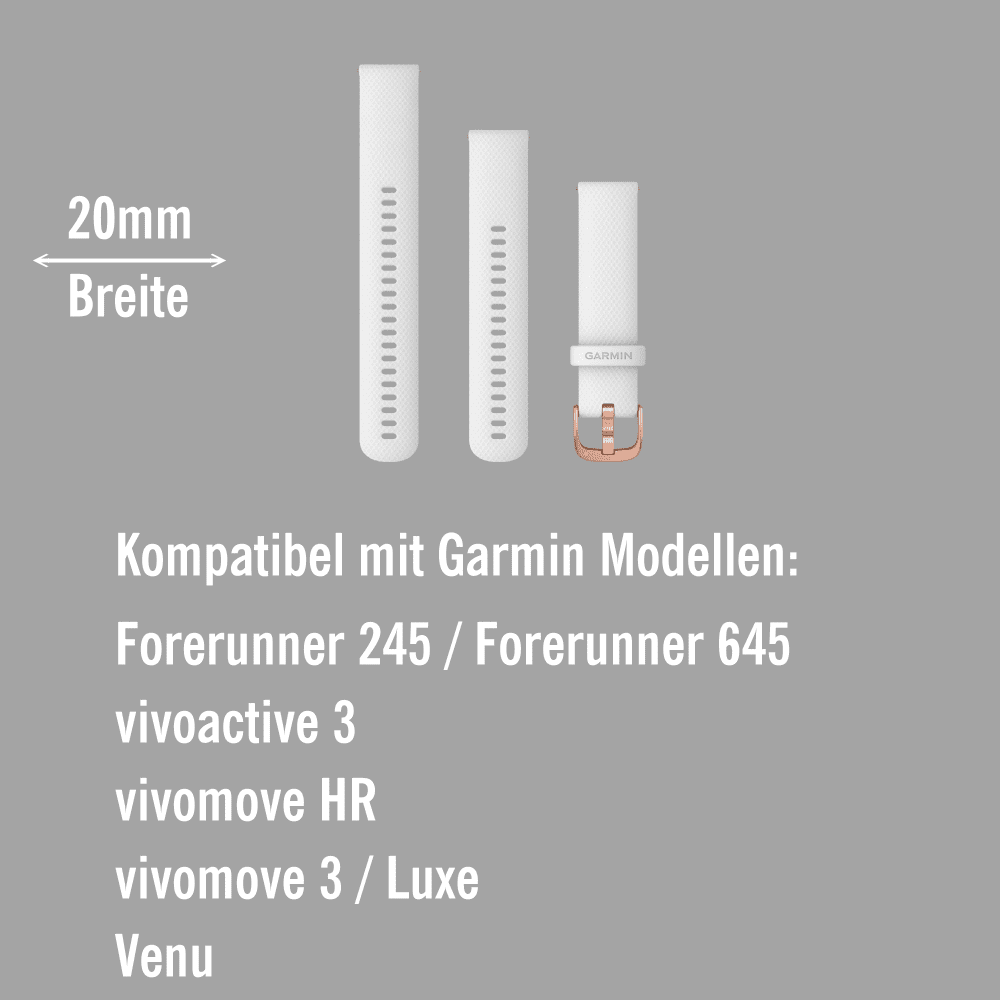 Garmin Schnell-Wechsel Silikon Armband 20mm Weiss / Schnalle Rosegold + Einstellband L bei CardioZone online kaufen