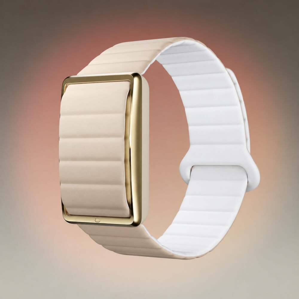 Produktbild des POLAR Loop Fitness Trackers im Profil vor warmem Hintergrund. Gezeigt wird das wendbare Silikonband mit der beigefarbenen Außenseite, der weißen Innenseite, dem magnetischen Verschluss und dem glänzenden Gehäuserahmen in Gold.