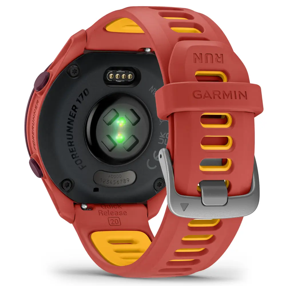 Rückansicht der Garmin Forerunner 170 Music mit optischem Herzfrequenzsensor, Ladeanschluss und zweifarbigem Silikonarmband
