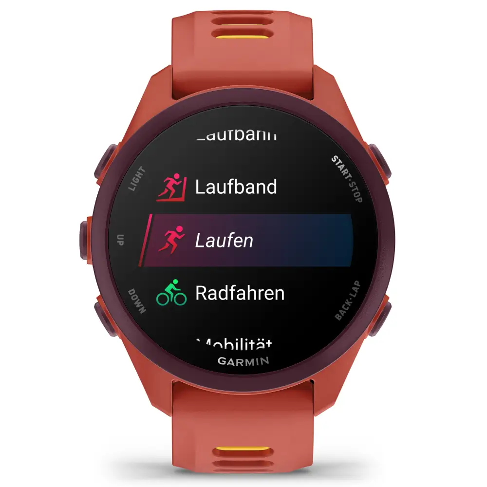 Frontale Ansicht der Garmin Forerunner 170 Music Laufuhr mit dem Sportmenü für Laufband, Laufen und Radfahren