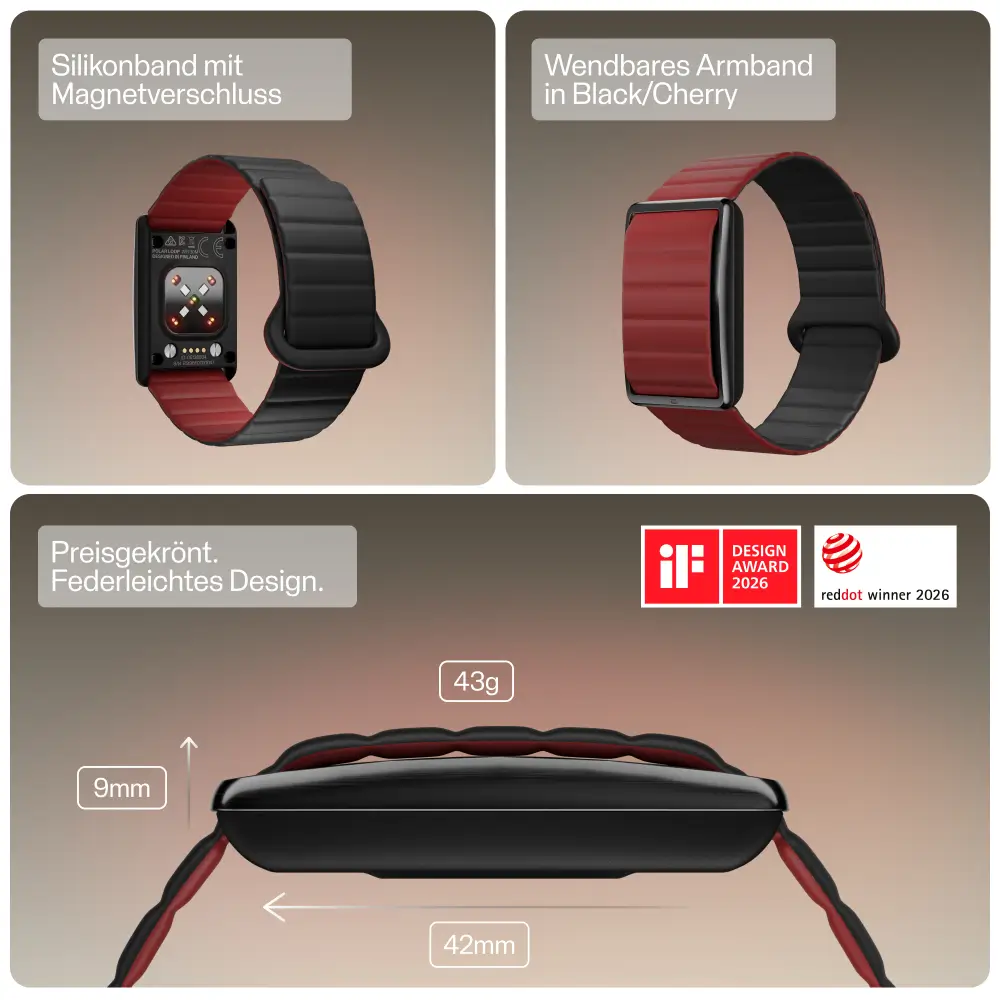 Technische Daten und Awards des POLAR Loop. Die Grafik zeigt die Gehäuserückseite mit Herzfrequenzsensor und Ladekontakten sowie die Abmessungen: 9 mm Dicke, 42 mm Länge und ein Gewicht von 43 Gramm. Rechts prangen die Logos des iF Design Award 2026 und R