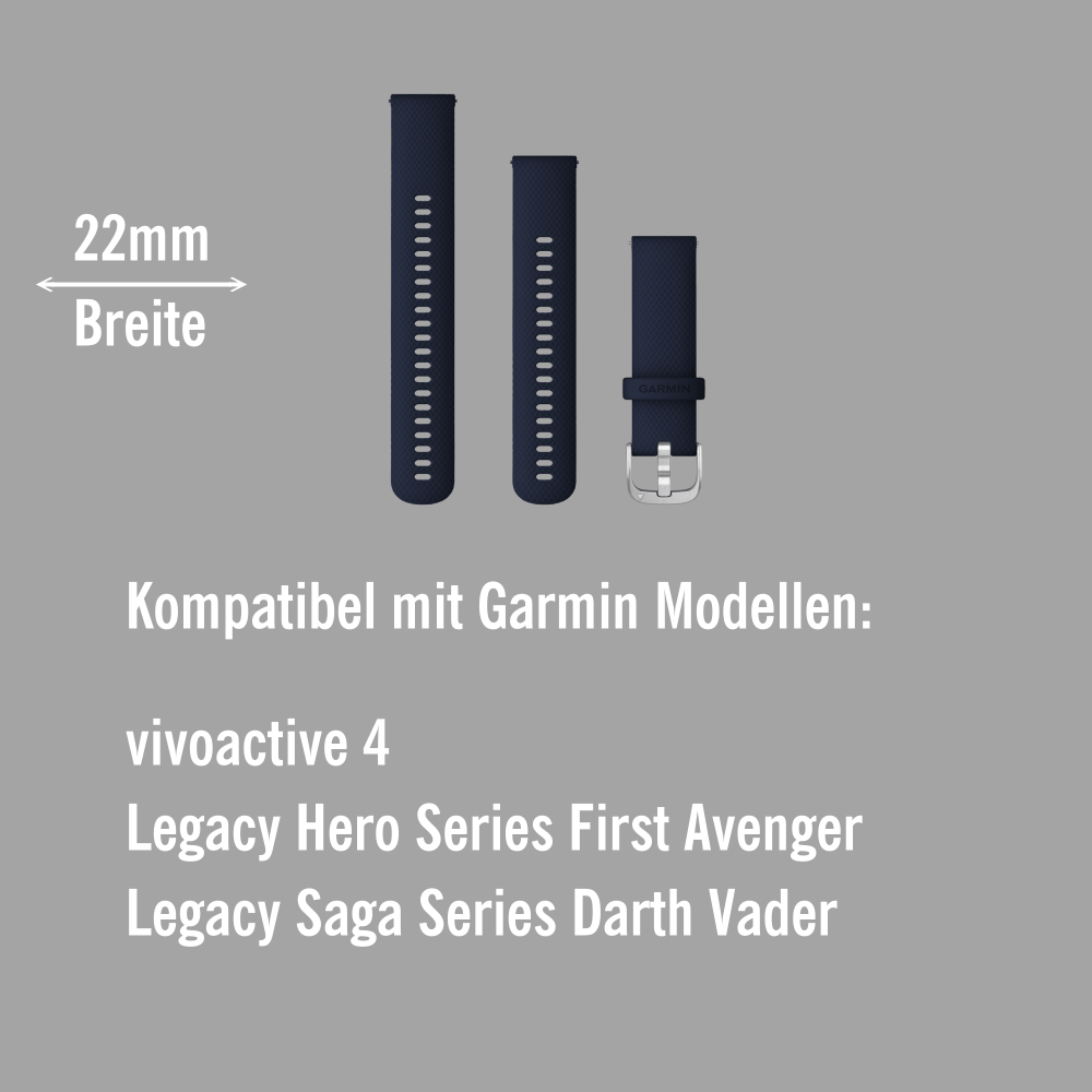 Garmin Schnell-Wechsel Silikon Armband 22mm Dunkelblau - Schnalle Silber bei CardioZone online kaufen