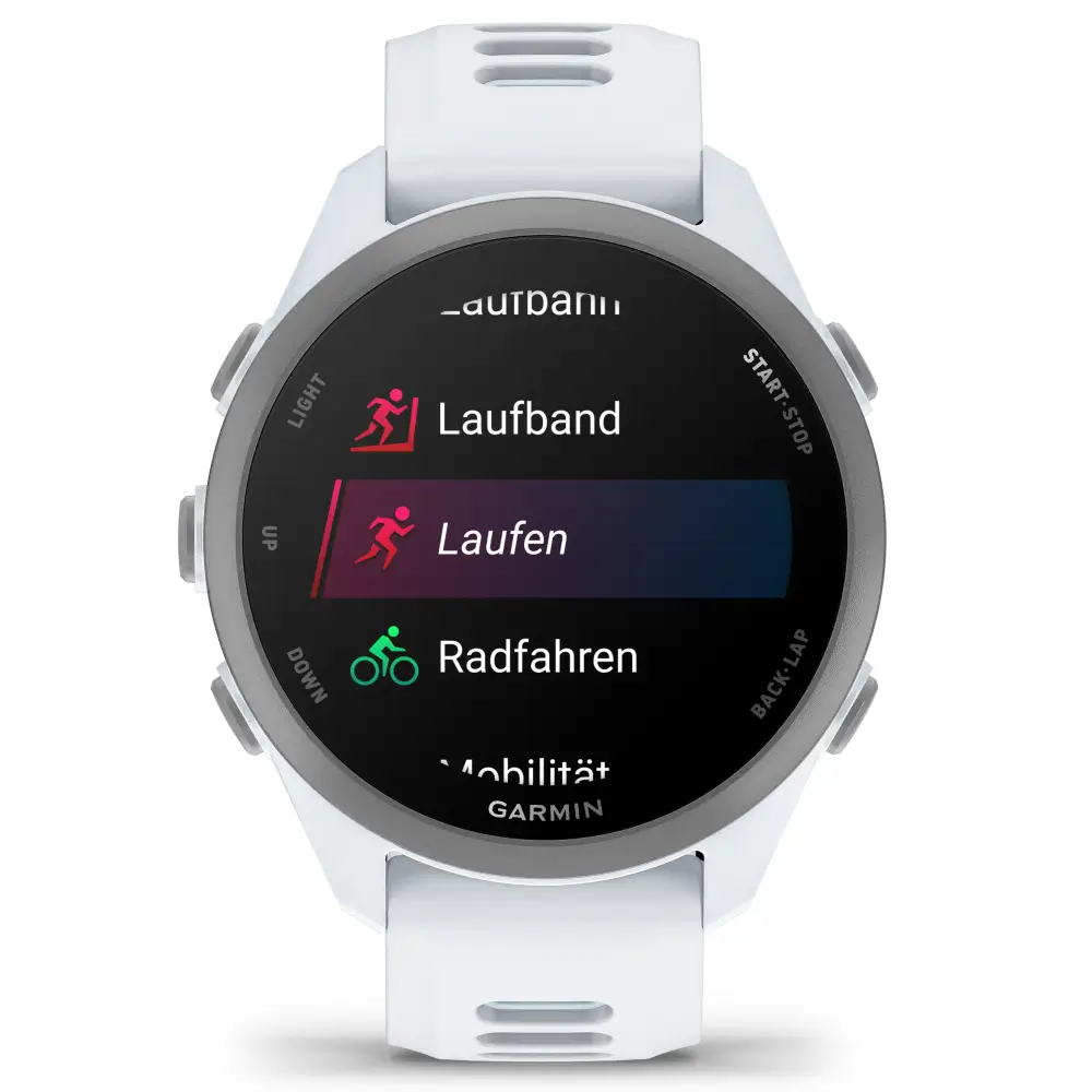 Frontale Ansicht der Garmin Forerunner 170 GPS-Laufuhr in Steinweiß mit dem Sportmenü für Laufband, Laufen und Radfahren