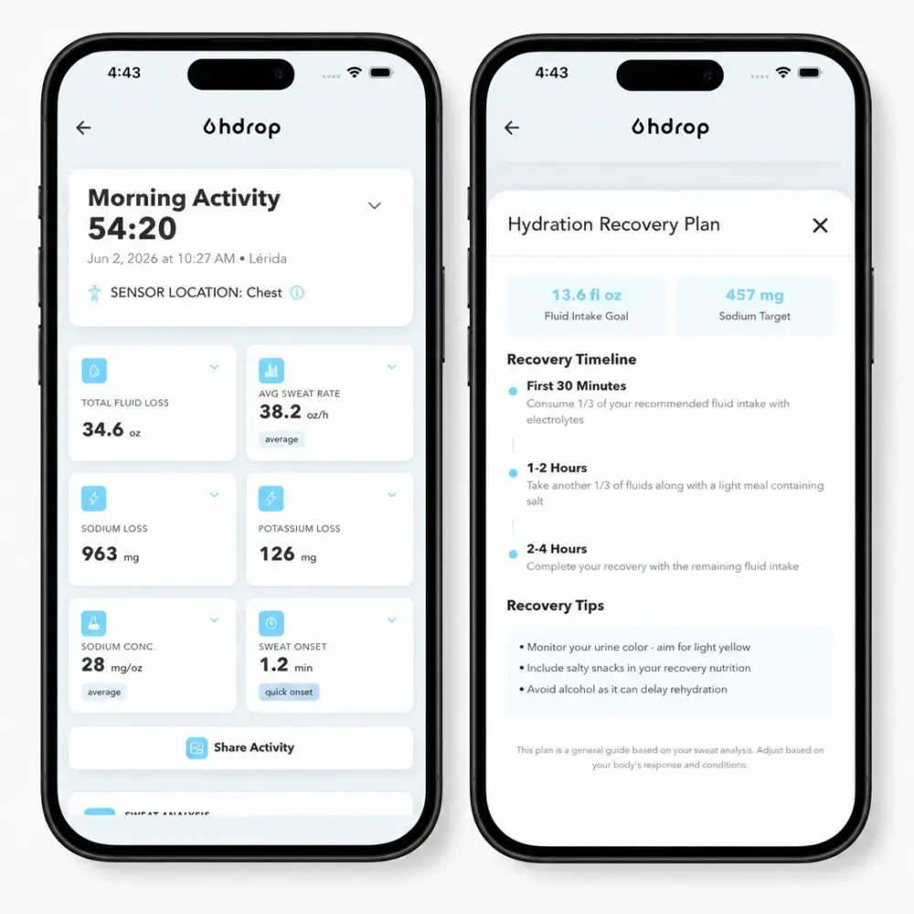 hDrop App auf zwei Smartphones mit Schweißanalyse, Elektrolytverlust, Schweißrate und personalisierten Empfehlungen zur Rehydrierung und Regeneration nach dem Sport.