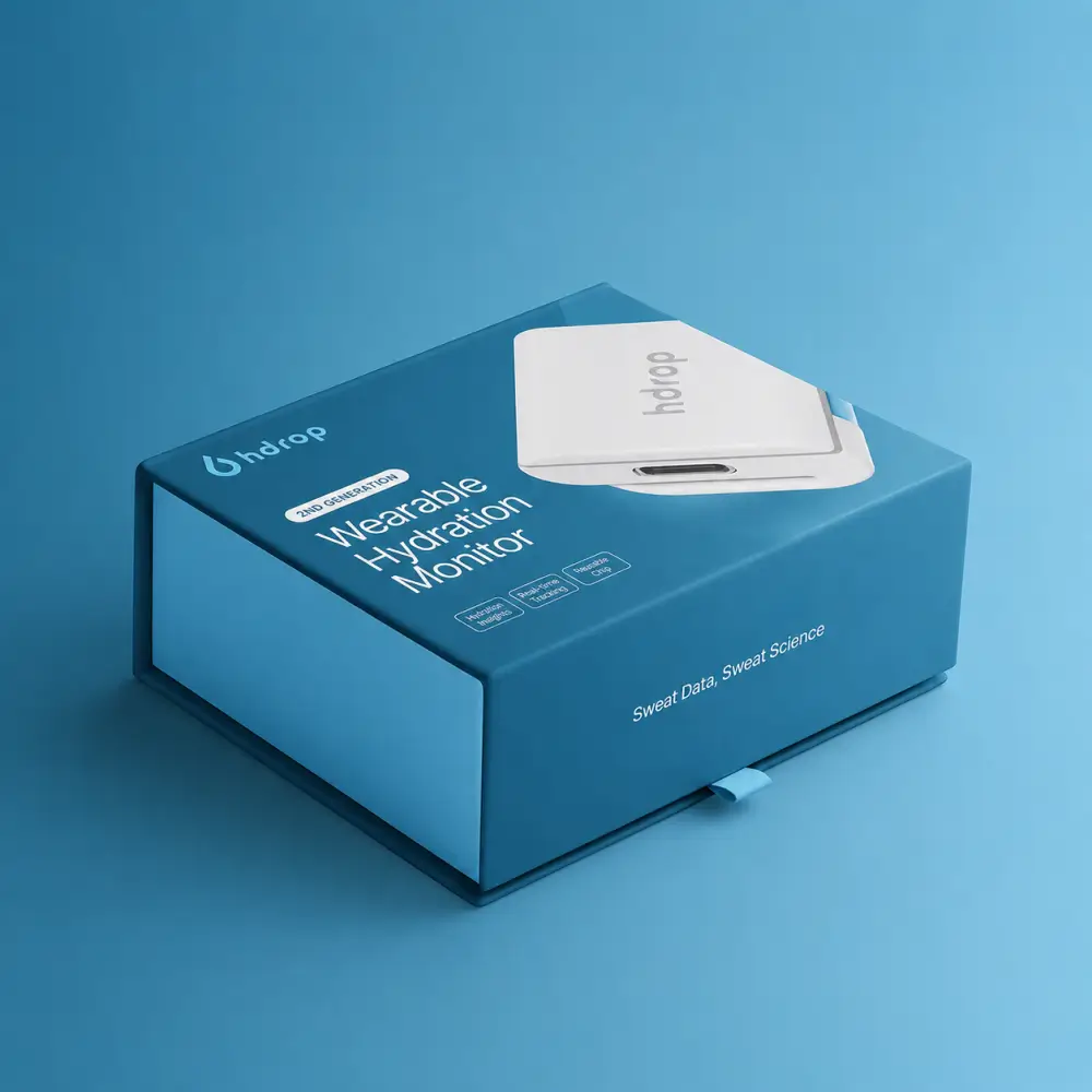 hDrop Gen 2 Tragbarer Hydration-Sensor mit Verpackung und Zubehör