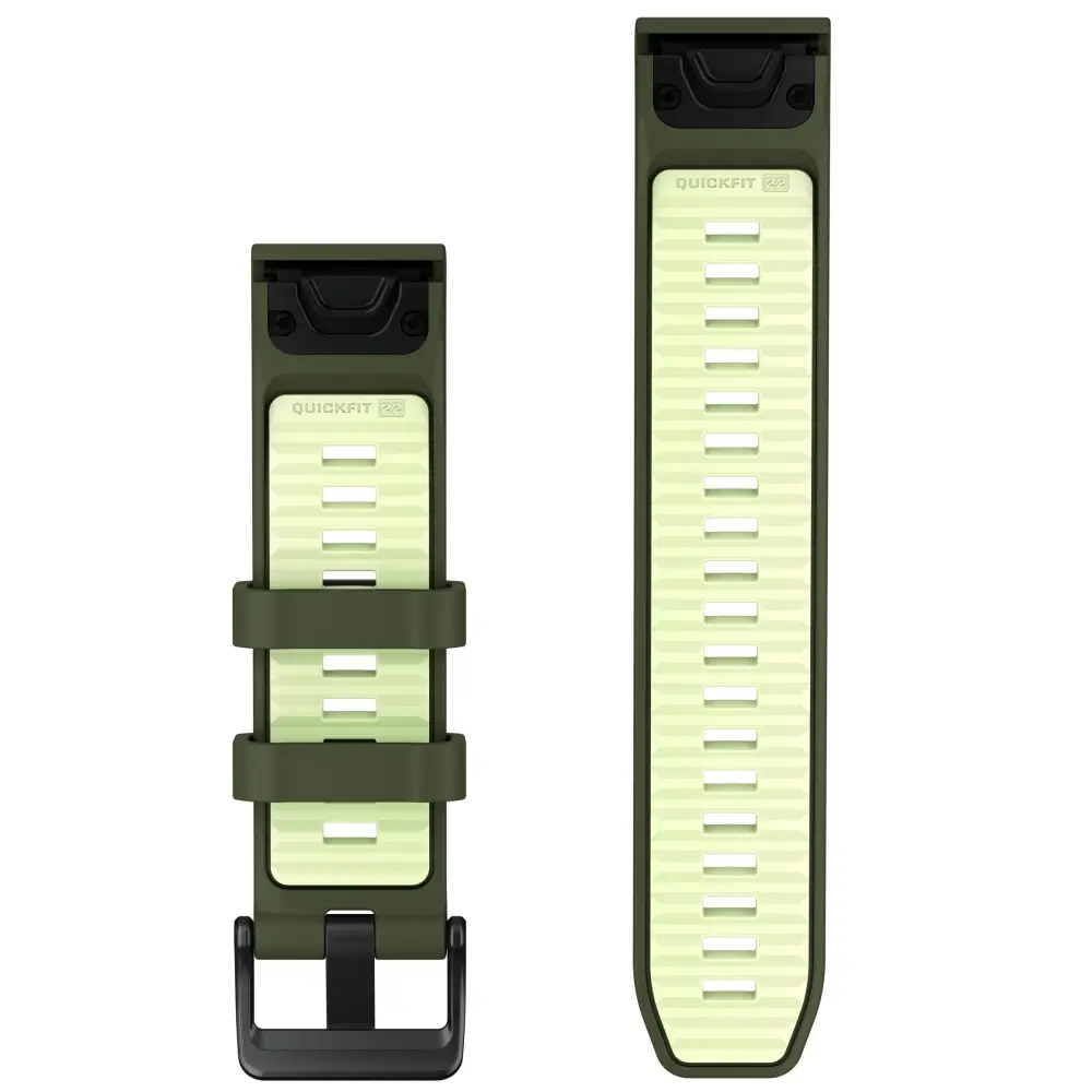 Garmin QuickFit Silikonarmband 22 mm Olive Drab/Zitrone für fenix 9 47 mm – Rückseite mit Schließe und Lochband