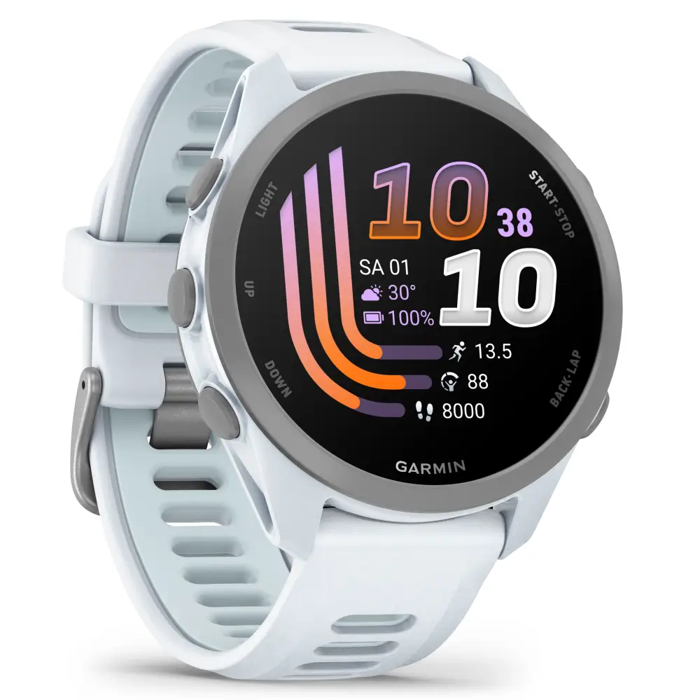 Garmin Forerunner 170 Smartwatch in Steinweiß mit farbigem Zifferblatt, Schrittzähler und Akkustand auf weißem Hintergrund