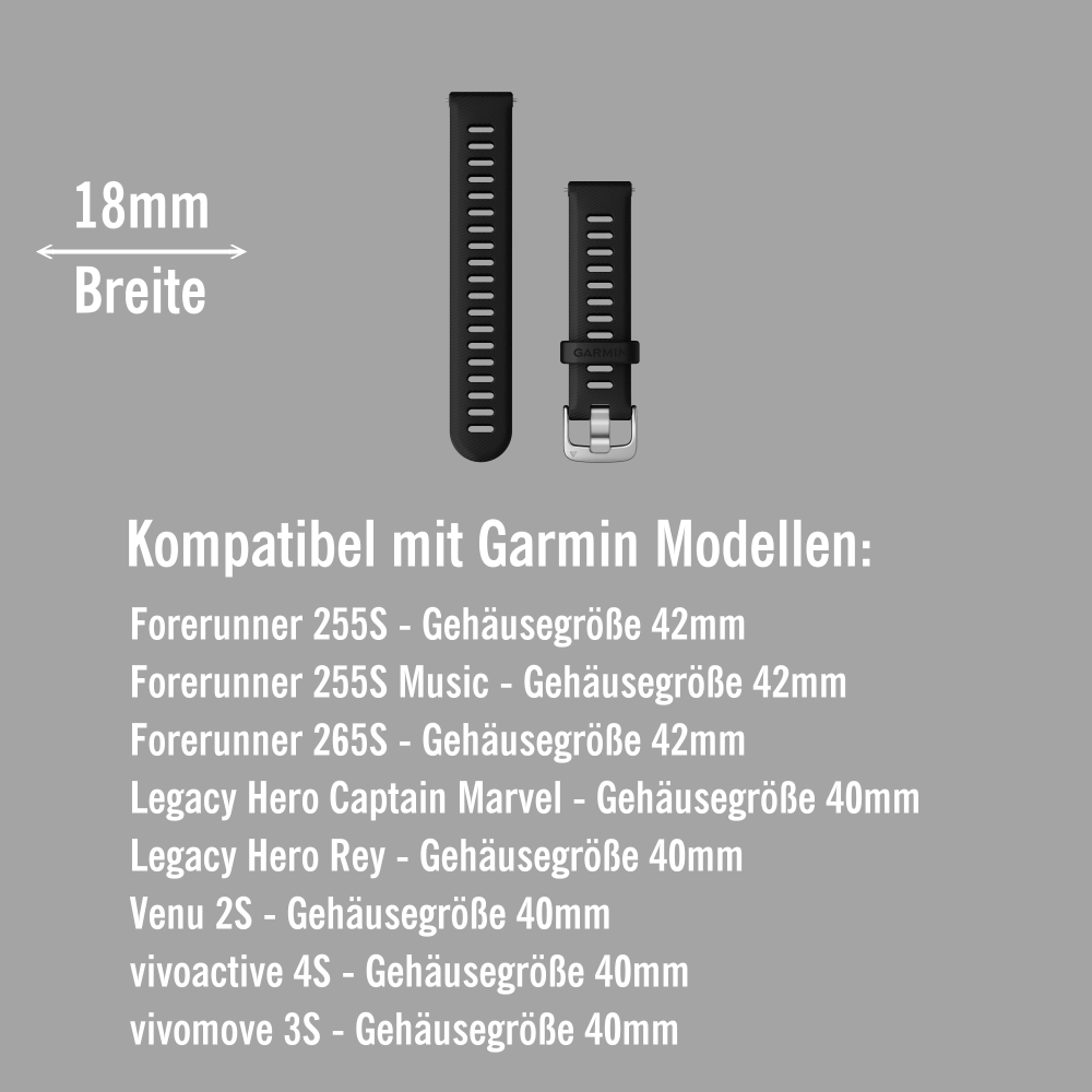 Garmin Forerunner 255S Schnell Wechsel 18mm Silikon Armband Schwarz Verschluss Silber bei CardioZone günstig online kaufen