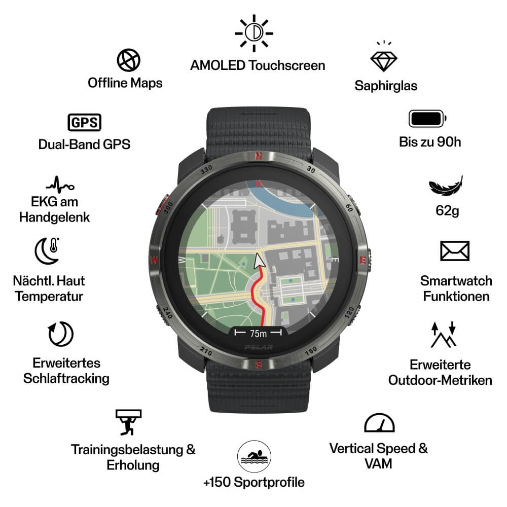 POLAR Grit X2 Schwarz Advanced AMOLED Outdoor Multisportuhr S-L bei CardioZone online kaufen