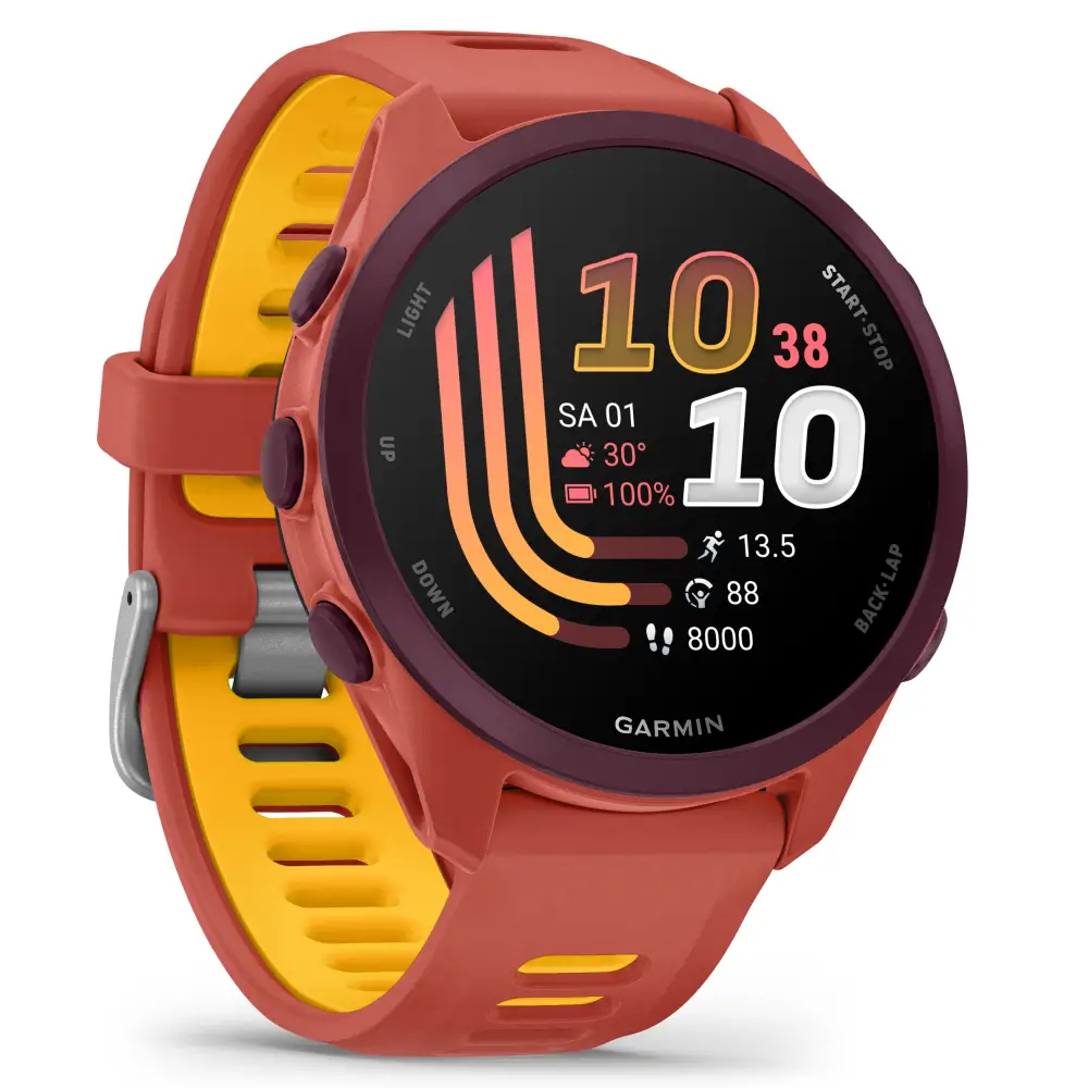 Garmin Forerunner 170 Music Smartwatch in Beerenrosa und Sonnengelb mit sportlichem Zifferblatt, Schrittzähler und Uhrzeit