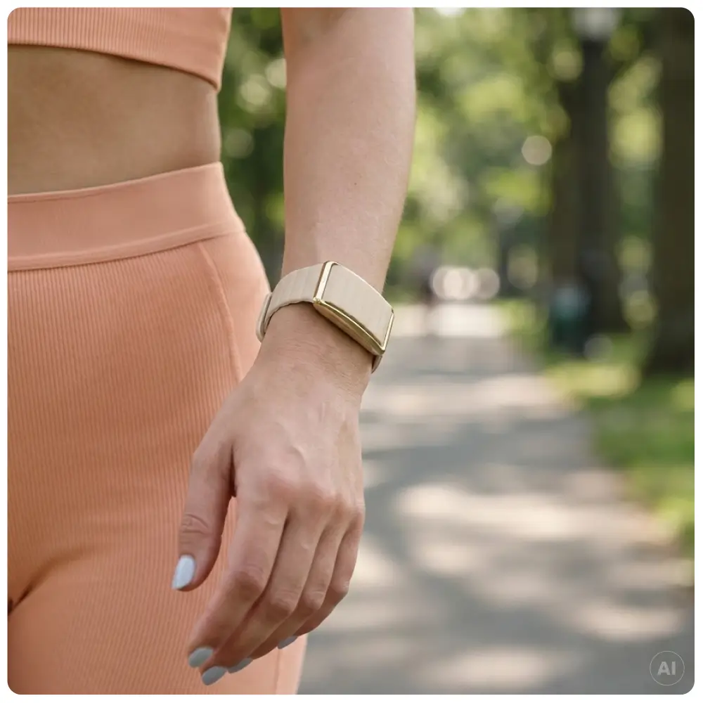 Lifestyle-Aufnahme einer Frau in lachsfarbener Sportkleidung beim Gehen im Park. Am Handgelenk trägt sie das POLAR Loop Fitnessarmband in der Variante Ice Cream mit elegantem, goldfarbenem Gehäuserahmen.