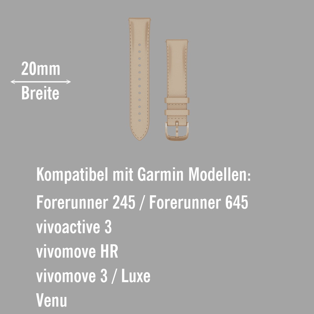 Garmin Schnell-Wechsel Leder Armband 20mm Sandfarben / Rosegold 18K-Gold-PVD-Teile bei CardioZone online kaufen